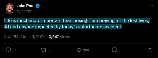 Anthony Joshua recovering from car accident in Nigeria. Jake Paul on X Life is much more important than boxing. I am praying for the lost lives AJ and anyone impacted by today’s unfortunate accident. _ X