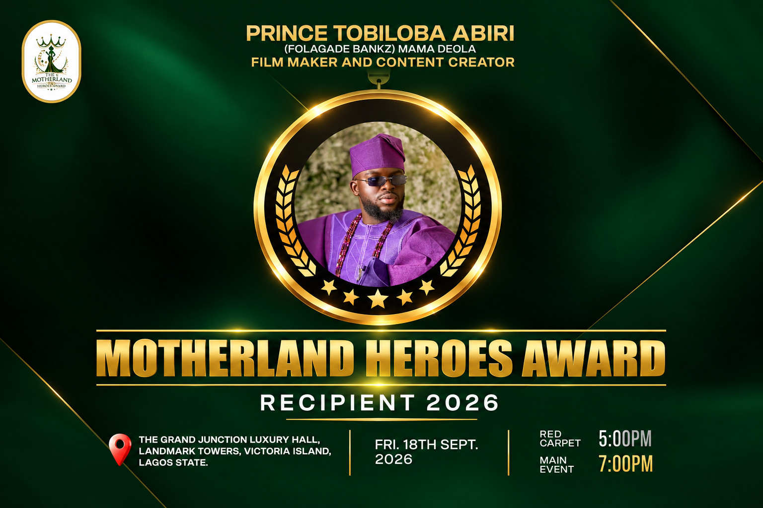 Prince Tobiloba Abiri To Receive Motherland Heroes Award 2026 In Lagos